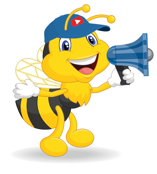 Cheerful yellow bee mascot wearing a blue YouTube-themed hat, holding a megaphone, representing Buzzworthy Media.