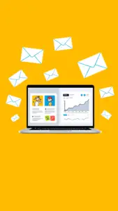 Laptop showing email analytics and newsletters with floating envelopes, representing email marketing and CRM setup services."