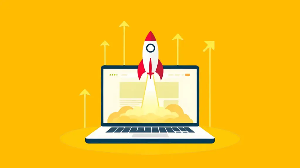 Rocket launching from a laptop screen, representing a website launch with SEO optimization and a customer-focused design.