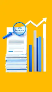 Stacked documents with a magnifying glass on 'SEO keywords' and a bar graph, representing blog content optimization and growth.