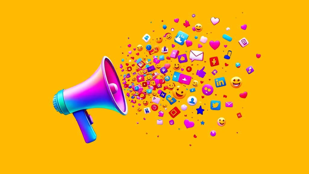 Colorful megaphone with social media icons representing customized social strategies and templates for business growth.