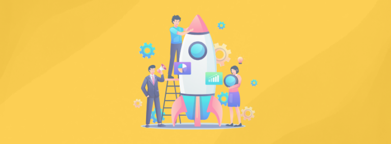 Illustration of a team building a rocket with gears and charts around it, symbolizing a business launch package.