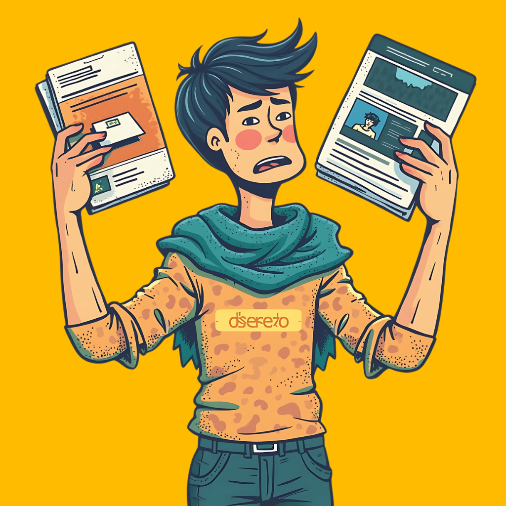 A stressed individual holding mismatched design documents, depicting the pain of inconsistent branding.