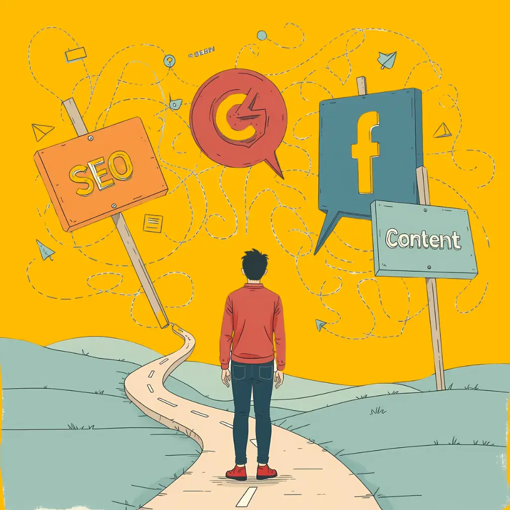 A businessperson at a crossroads surrounded by social media and SEO signs, representing a lack of clear marketing strategy.