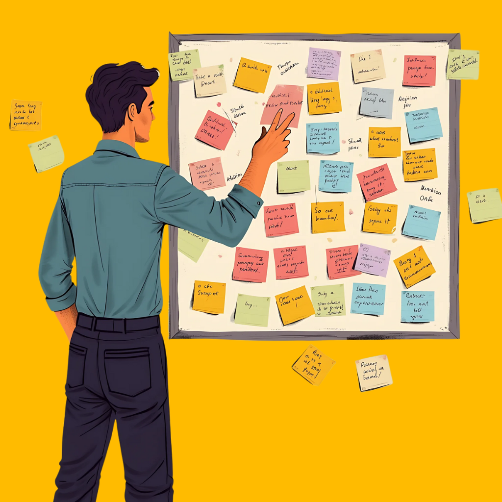 A person standing before a cluttered board of sticky notes, symbolizing the lack of accountability in managing marketing tasks.