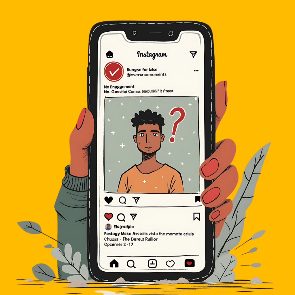 A phone screen displaying an Instagram post with a confused person and a question mark, symbolizing low social engagement.